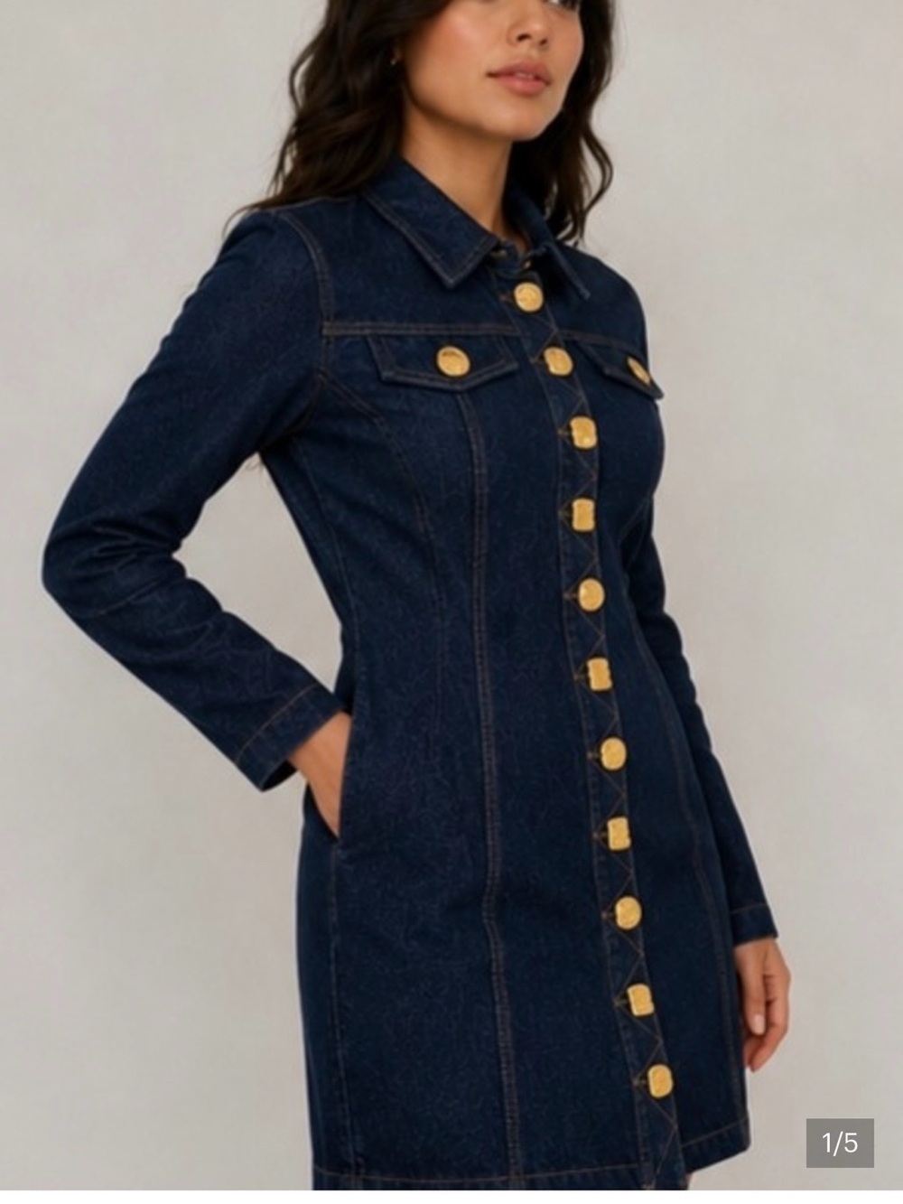 Meshki Navy Denim Jacket Dress with Gold Buttons